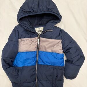Kids' Hooded Puffer Jacket - Navy with Gray and Royal Blue Panel